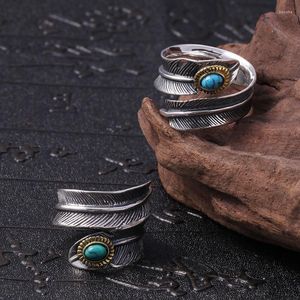 Cluster Rings Genuine 925 Sterling Silver Intarsiato Blue Turquoise Feather Ring Uomo e donna National Wind Retro Gioielli regolabili