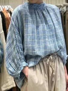 Kvinnor Blusar Spring Women All-Match Ultra Loose Overdimensionerade bekväma Japan Style Plaid Natural Fabric Water Washed Linen Shirts/Bluses