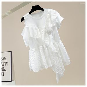 Women's T Shirts Shirt Women Fashion Irregular Sweet Lace Ruffled Patchwork Off-Shoulder All-Match T-Shirts Tops White Black Camisetas De