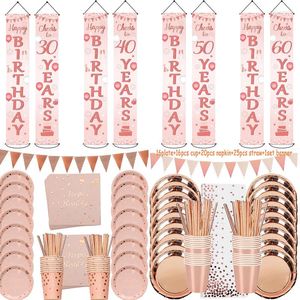 Party Decoration Rose Gold Birthday Decorations Women Adult 30 40 50 60 Years Happy Couplet Banner Disposable Tableware Set