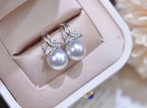 22090810 Diamondbox -Jewelry Earrings Ear Studs Gray Pearl Sterling 925 Silver Rhinestone يترك Akoya 8-9 مم