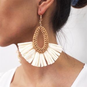 Dangle Chandelier Handwoven geometric rattan raffia earrings women ins retro holiday fanshaped earrings female 220916