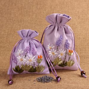 2size Ribbon Embroidery Lavender Cotton Linen Jewelry Pouches Drawstring Gift Packaging Bags Sachet Spices Storage Bag with lined 10pcs/lot