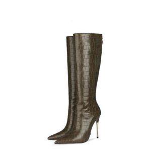 Boots Leather Fashion Women Knee Length Toe Thigh High Heel Womens Shoes Heels Long Sexy Crocodile Print Botas Mujer 220901