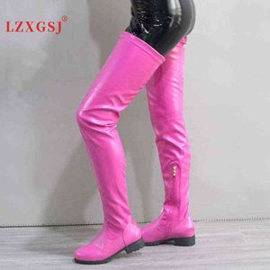 Boots 2021 Women Shoes Low Heels Thigh High Elastic Boots Autumn Winter Large Size Rose-pink Green High Quality Over The Knee Boots T220915