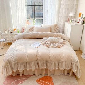 S ngkl der s tter Champagne Cotton Princess Set Single Double Lace Ruffles D cke Cover Bed Skirt Sheet Pillow Cases Home Textiles