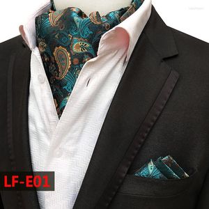 弓をつなぐPaisley Floral Ascot and Pocket Square Set Men Silk Necktie Green Blue Cravat Cashew Flower Woven Neck Tie WeddingA034