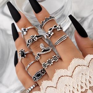 Anello con animali elefante fiore vintage per donna Hollow Snake Crown Silver Color Geometry 11pcs/set Jewelry Anillo