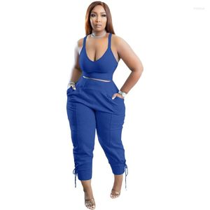 Kvinnors tvåbitar byxor S-5XL byxor Ställ in fast färgväst Slim Woman 2 stycken Summer Tracksuit Outfits Fashion Casual African Ladies