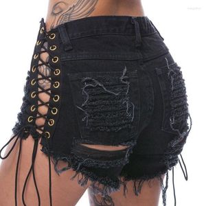 Kvinnors shorts sexig sommar svartvita kvinnor denim rippade jeans hög midja hip-hop tjej tassel elastisk snörning upp bandage