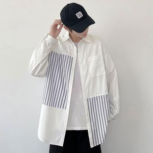 Camisas casuais masculinas de manga longa listras de retalhos para meninas adolescentes tendências de moda de streetwear masculino solto botão blausas roupas