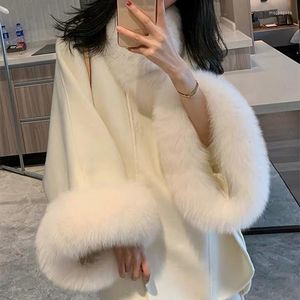 Women's Wool European Luxurious Large Size Real Woolen Poncho Coats With Natural Fur Cuff Collar