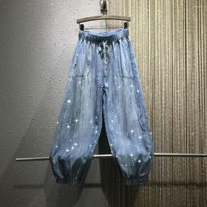 Kvinnors jeans vårens höstkvinnor tunna färgade diamant strass lös elastisk midja flickor damer denim harem byxor