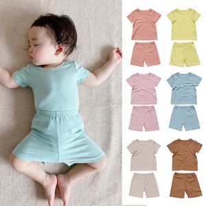 2Pcs Unisex Baby Summer Clothing Set Solid Color Ribbed Short Sleeves T shirt Elastic Waist Shorts Toddler Infant Outfits Suit