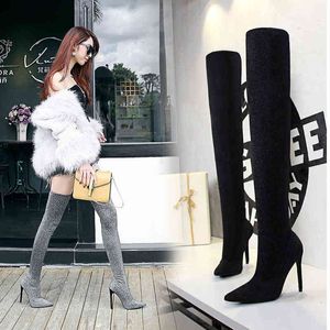125-1 Sandals Wind Sexy Nightclub Slim Heel Super High Pointed Sequin Cloth Long Tube Knee Boots