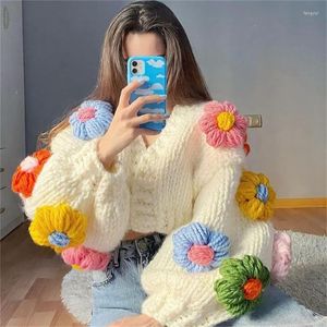 Женские вязаные трикотаж красочный 3D -цветы Толстый свитер для женского рукава с открытым штеком.