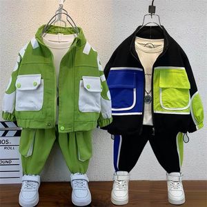 Clothing Sets autumn solid color fashion children's suit boys and girls overalls baby striped jacket pants two-piece suit 220916