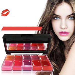 Lipgloss 10 Farben Palette Comestic Platte mit Pinsel Langlebiges Make-up Glitzer Feuchtigkeit Lippenstift