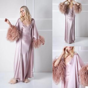Ostrich Feather Celebrity Bowns Aftonklänningar Långärmad 2 stycken Sexig brudpyjama Set Bathrobes Party Wear Robes