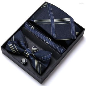 Bow Ties Wholesale Design Gift Holiday Tie Bowtie Hanky Cufflinks Set For Men Silk Gold Brown Floral Necktie Gravate Handkerchief