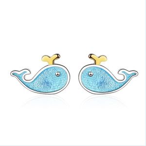 Ear Cuff Small Whale Ear Stud ￶rh￤ngen S925 Sterling Sier Needles Female Fresh Blue Fish Cute Marine Animal Jewelry Drop Delivery 2021 Dhoth