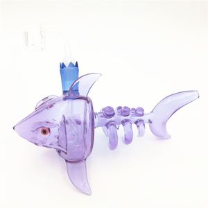 Glass Bong Water Bong Hohadah Hohadahs Perc 14.4mm女性ジョイント紫色の魚の形状ダブリグバブラー喫煙用クォーツバンガーアッシュキャッチャークラフトボンミニリグ