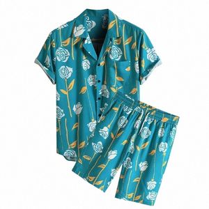 Rahat Rahat Kıyafetler toptan satış-Erkek Trailtsits Yaz Erkek Kısa Kollu Gömlek Gül Baskı Gündelik Hawaii Gömlek ve Şort İki Parça Rahat Düğmesi Çekme Kıyafetleri JI