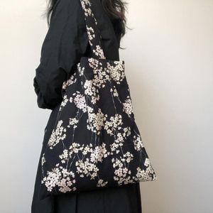 Kv￤llsp￥sar 2022 Spring Autum Korean Fashion Axelv￤ska Bomull Handv￤ska Svart Cherry Blossom Ladies Retro Studenter