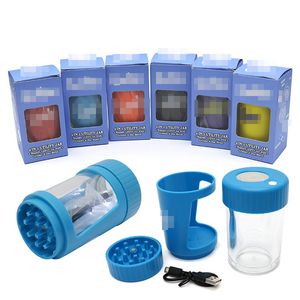 5" Mixed Colored Smoking Accessories Led Glow Jar W/ Usb Plastic Pipe Grinder Function Usb Electric Herb Grinders