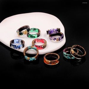 Wedding Rings Colorful Transparent Wood Dried Flower Resin Epoxy Acrylic Crystal Rhinestone Simple Round Jewelry For Lover Women