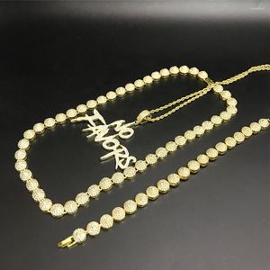Necklace Earrings Set Hip Hop Men Gold Color Out Cuban Crystal Miami Neckalce Chain Conical &Braclete Jewerly For