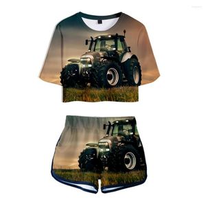 Kvinnors spårningsdräkter 2022 traktor mönster bil 2 stycken set sexig tshirt sommar kawaii flicka mode casual uppsättningar preppy stil kvinnor streetwear