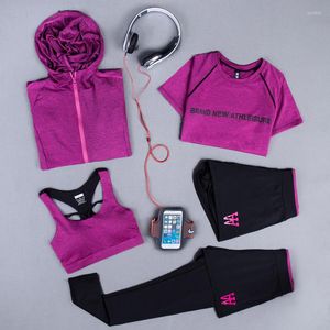 Koşu Setleri Seksi Yoga Seti Kadın Fitness Tshirt Pants Nefes Alabilir Gym Egzersiz Giysileri Sıkıştırılmış Taytlar 5 PCS Sport Suit