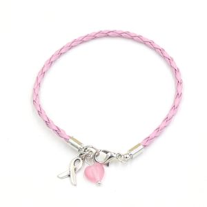 Atacado Simples Pink Pink Braid Leather Bracelets Consciência Jóia Bracelete de câncer de mama com charme de fita de coração rosa pulsera