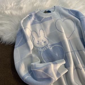 Women s Sweaters Cartoon rabbit pattern knitted warm loose oversized sweatshirt women Harajuku kawaii retro cute round neck pullover sweater 220916