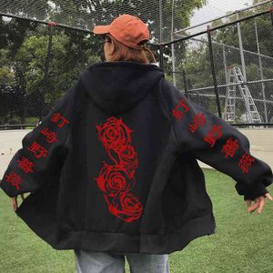 Herrtröjor tröjor jujutsu kaisen hooded harajuku kugisaki nobara tryck rock blixtlås hoodie sweatshite