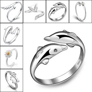 Atualize o anel prateado Crystal Crystal Dolphins Dragonfly Angel Fox Heart Ajusta Ajusta para mulheres Jóias de moda Will e Sandy