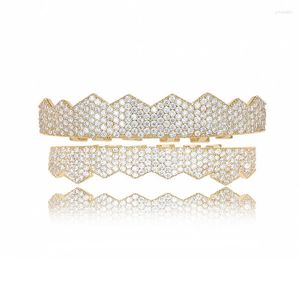 Kroppsmycken Annat Hip Hop Micro Pave White CZ Zircon Bling Iced Out Teeth Grillzs Top Bottom Set Gold Flat Dental Grills Men Rapper