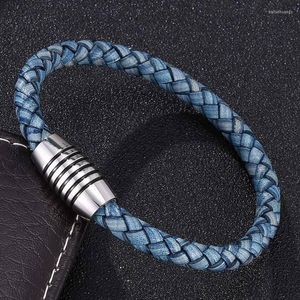 Charmarmband trendig stil blå äkta läder för män magnetiskt rostfritt stål spänne armbangles smycken bb0242