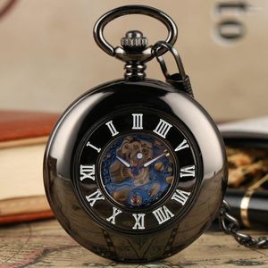 Relógios de bolso espelho liso Manual preto relógio mecânico Blue Numbers romanos Relógio de pendente de mão retro do retro cronômetro de mão