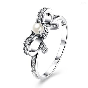 Cluster-Ringe Silverhoo Echt 925 Sterling Silber Vintage-Bowknot-Frauen 5A-Zirkonia mit elegantem Nachahmungsperlenring Edlen Schmuck