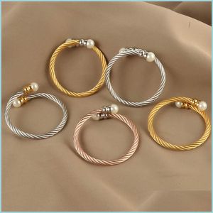 Bangle Open Pearl Armband Titanium Steel Wire för män och kvinnor Fashion Jewelry Gold Rostfri Bangle 1262 Drop Delivery Dhseller2010 DHJAC