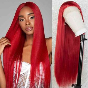 Peruca sintética peruca feminina wig vermelho de comprimento médio de comprimento reto fez fibra química de alta temperatura de alta temperatura peruca 220917
