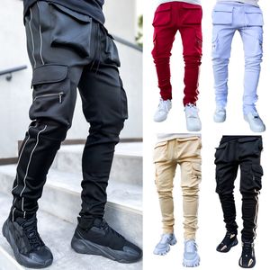 Calças de corrida masculinas outono inverno calças cargo streetwear hip hop calças retas moda cor sólida zíper multibolsos cordão elástico reflexivo calças casuais