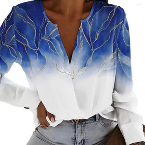Women's Blouses Gradient Color Floral Print Shirt Women Casual Long Sleeves V-Neck Button Cuffs Pullover Blouse