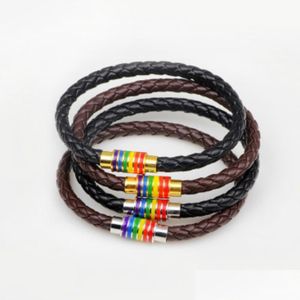 Charm Bracelets Black Brown Genuine Braided Leather Bracelet Women Men Stainless Steel Gay Pride Rainbow Magnetic Charms Dhseller2010 Dhf84