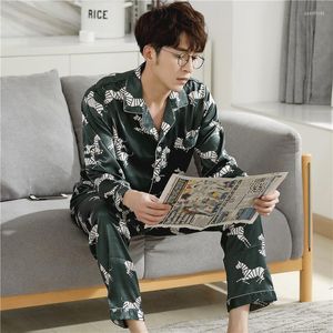 Men's Sleepwear Spring Satin Silk Men Pajamas Suit Cartoon Long Sleeve Turn-down Collar Casual Soft Loose Male