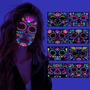 Flororescent Halloween Face Tattoo Day of the Dead Party Makeup Funny Funder Neon Face Sticker for Festival Masquerade