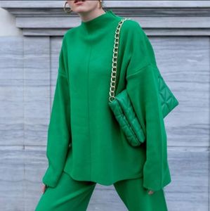 Women s Two Piece Pants Women Knitted Set Green Fashion Winter Loose Trousers Suit Casual Long Sleeve Top with Wide Leg Outfits 220916