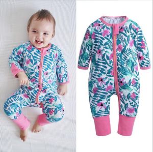 Blomma tryck baby flicka romper vår höst baby romper bomulls blixtlås jumpsuits overaller nyfödda tjejkläder